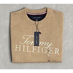 Tommy Hilfiger Men's XS Signature Crew Neck Sweater Embroidered Logo Beige NEW